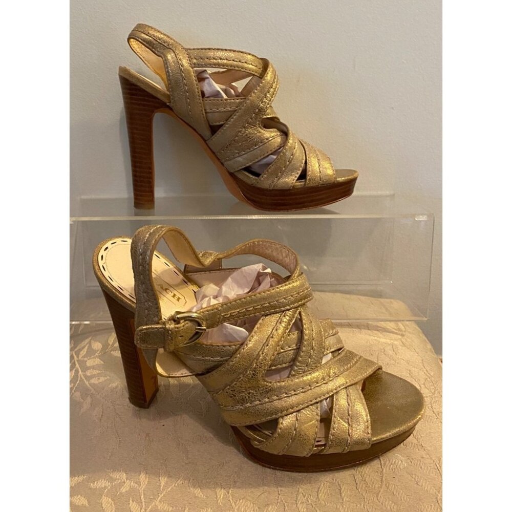 Coach Brynne Gold Metallic Strappy Sandal Shoe 5" High Heel Size 8 M